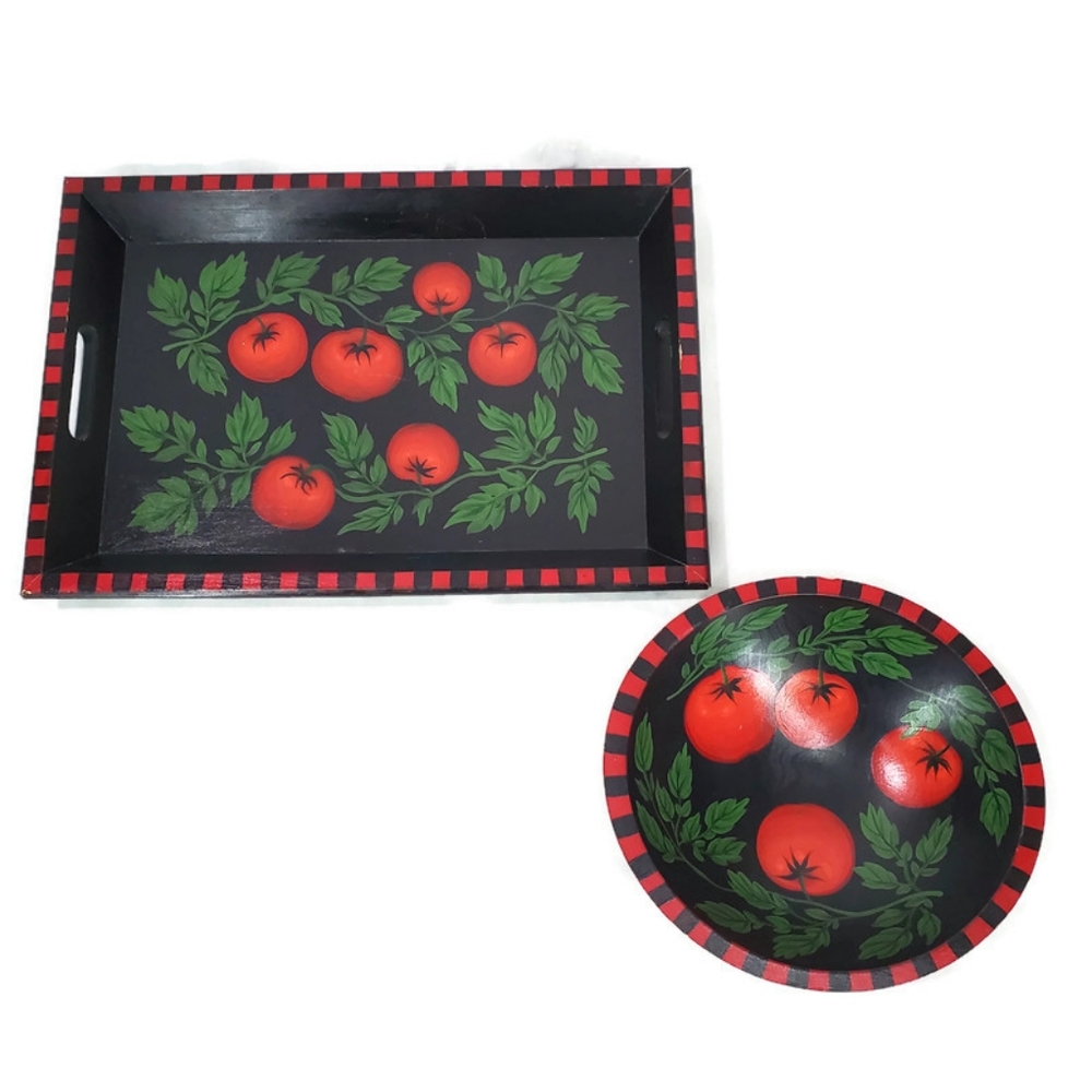 Sherwood Forest Design NY Hand Painted Wood Serving 12" Salad Bowl&Tray Tomatoes